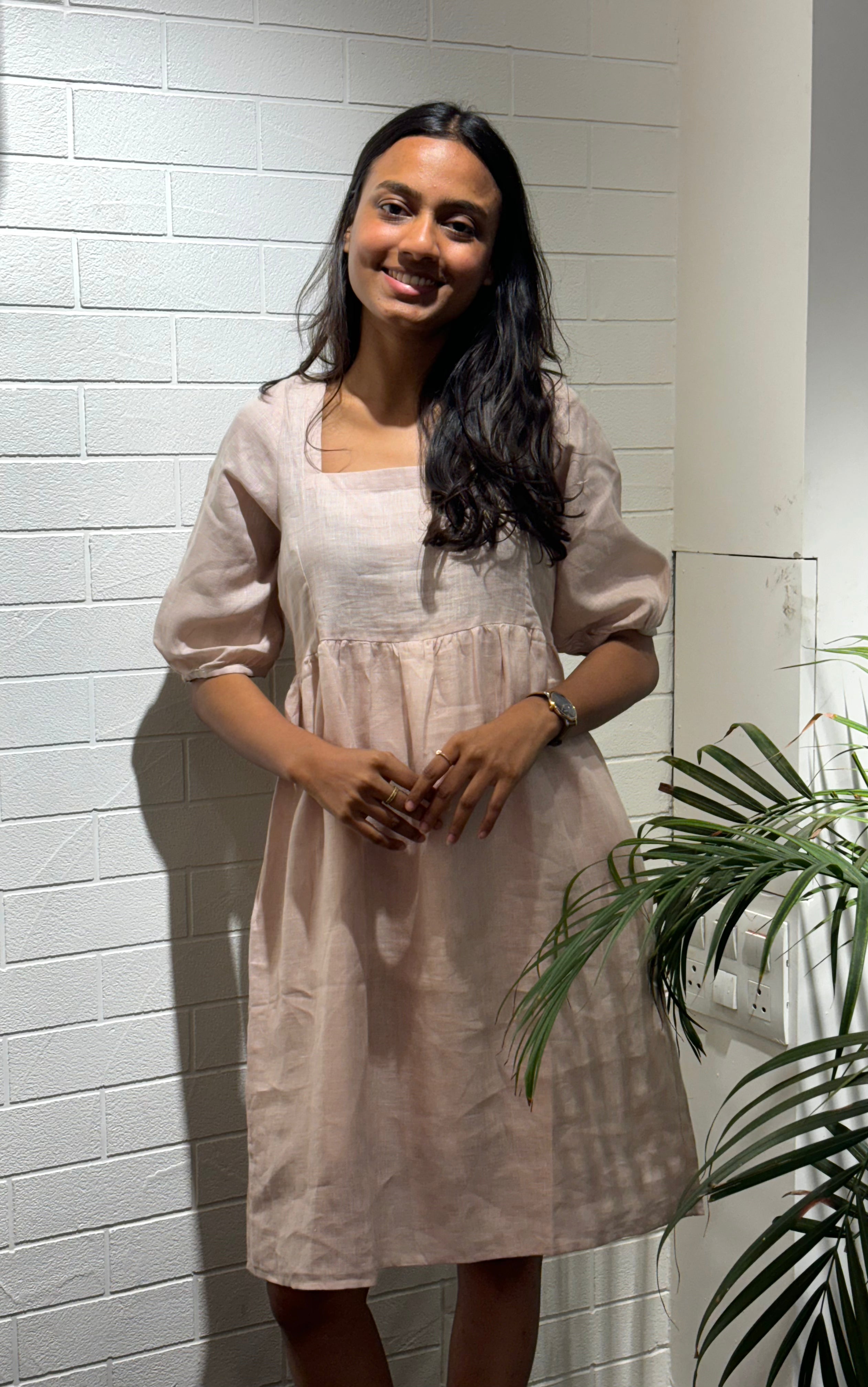 Linen Back Knot Dress - Cashew