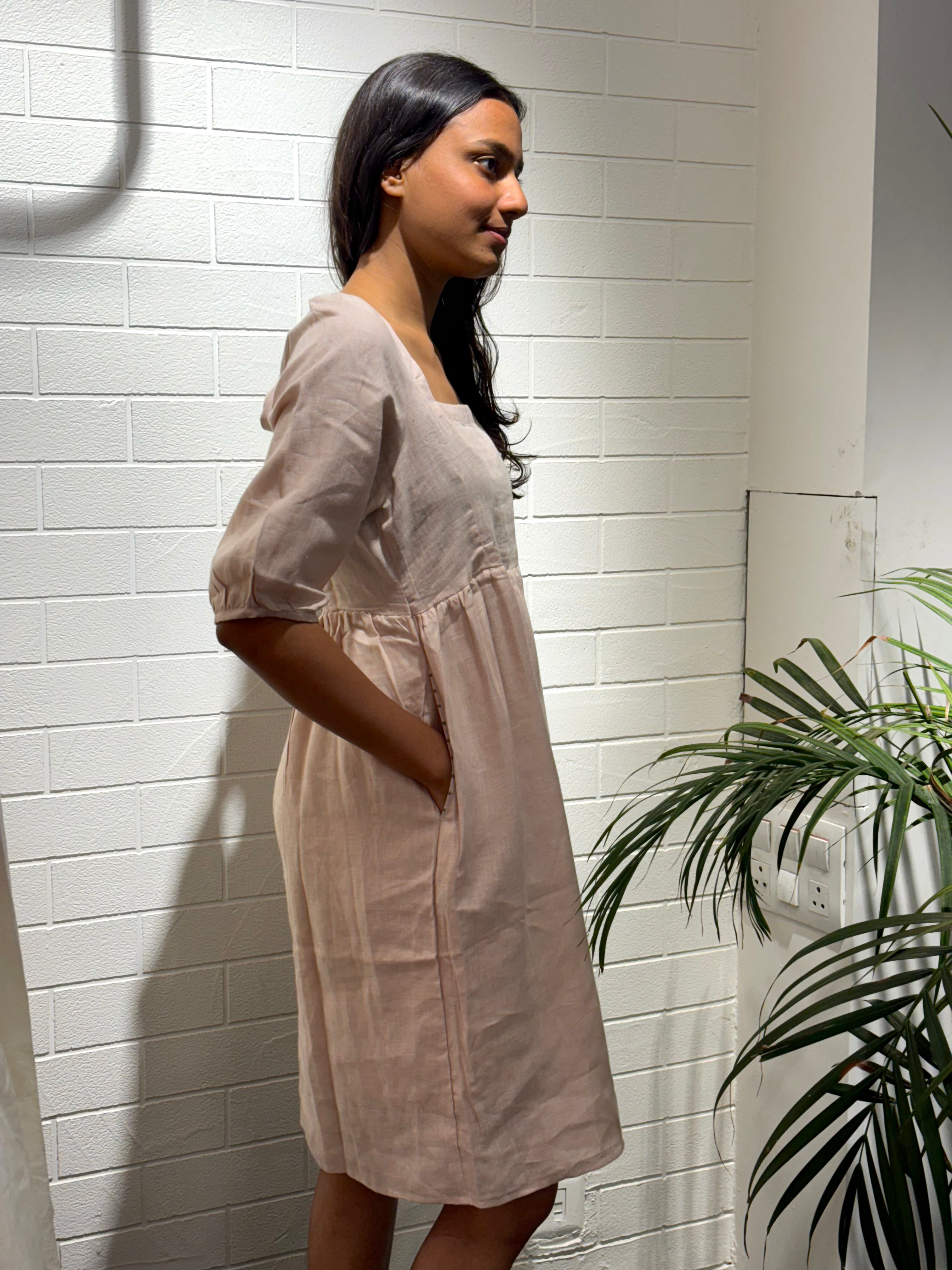 Linen Back Knot Dress - Cashew