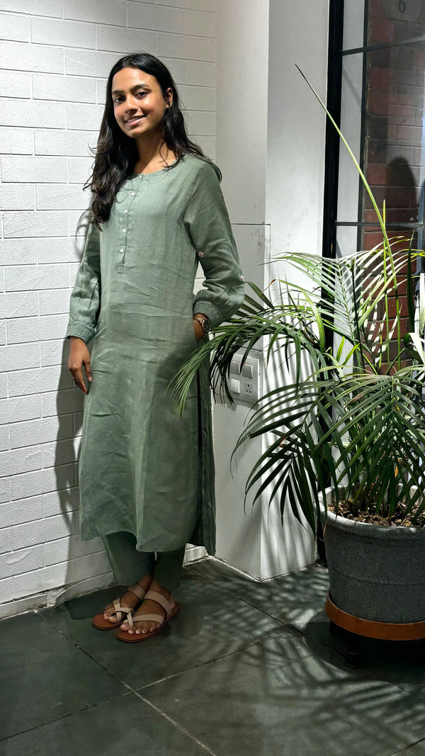 Janice Linen Half Placket kurta - Sage Green