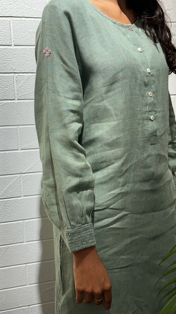 Janice Linen Half Placket kurta - Sage Green