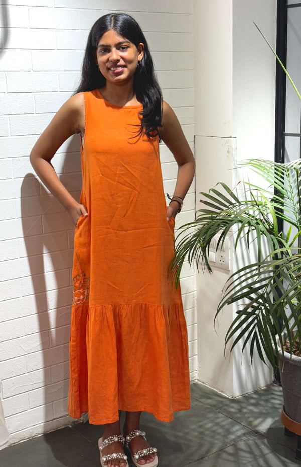 Linen Frida Sleeveless Long Dress - Orange
