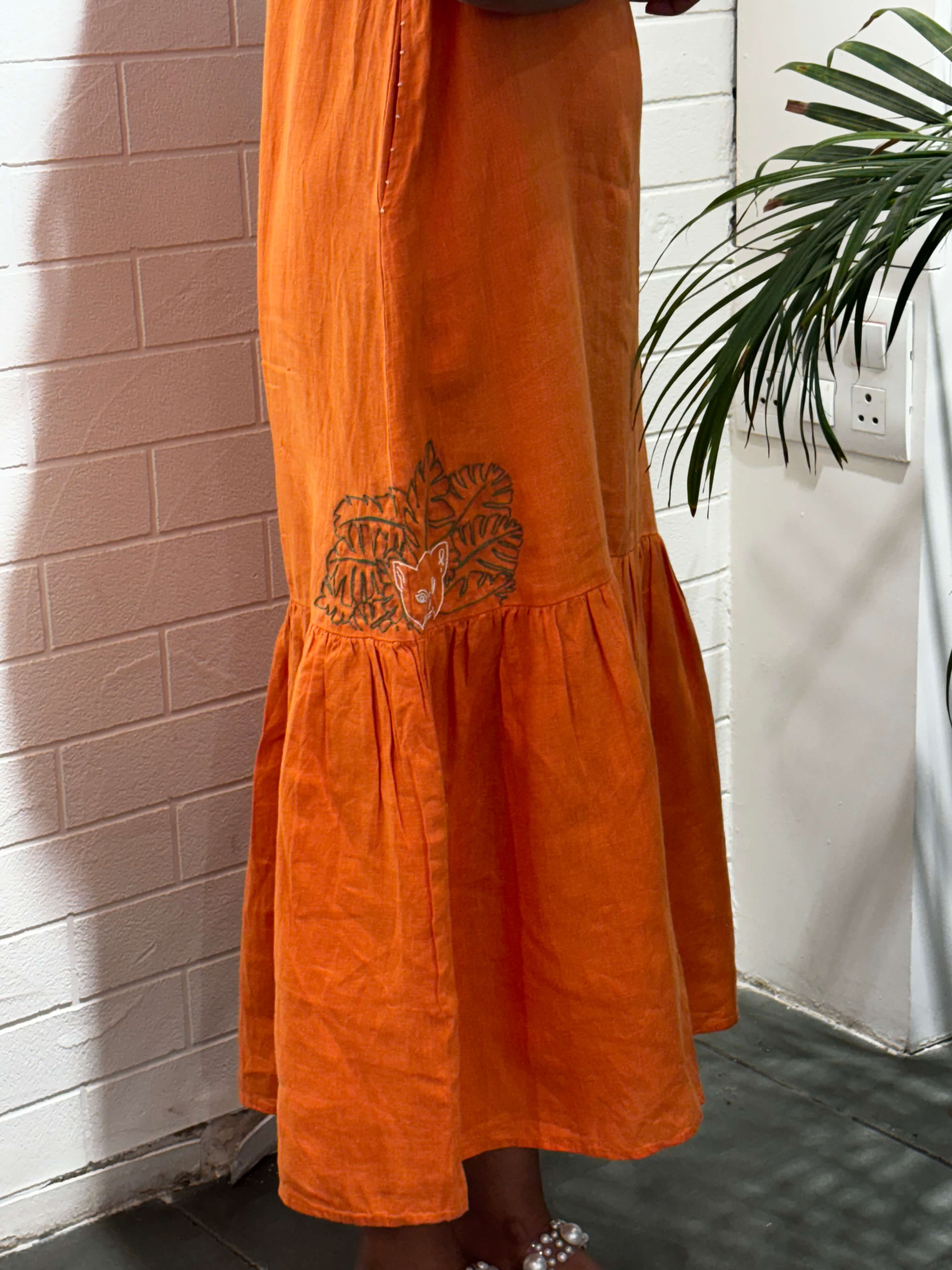 Linen Frida Sleeveless Long Dress - Orange