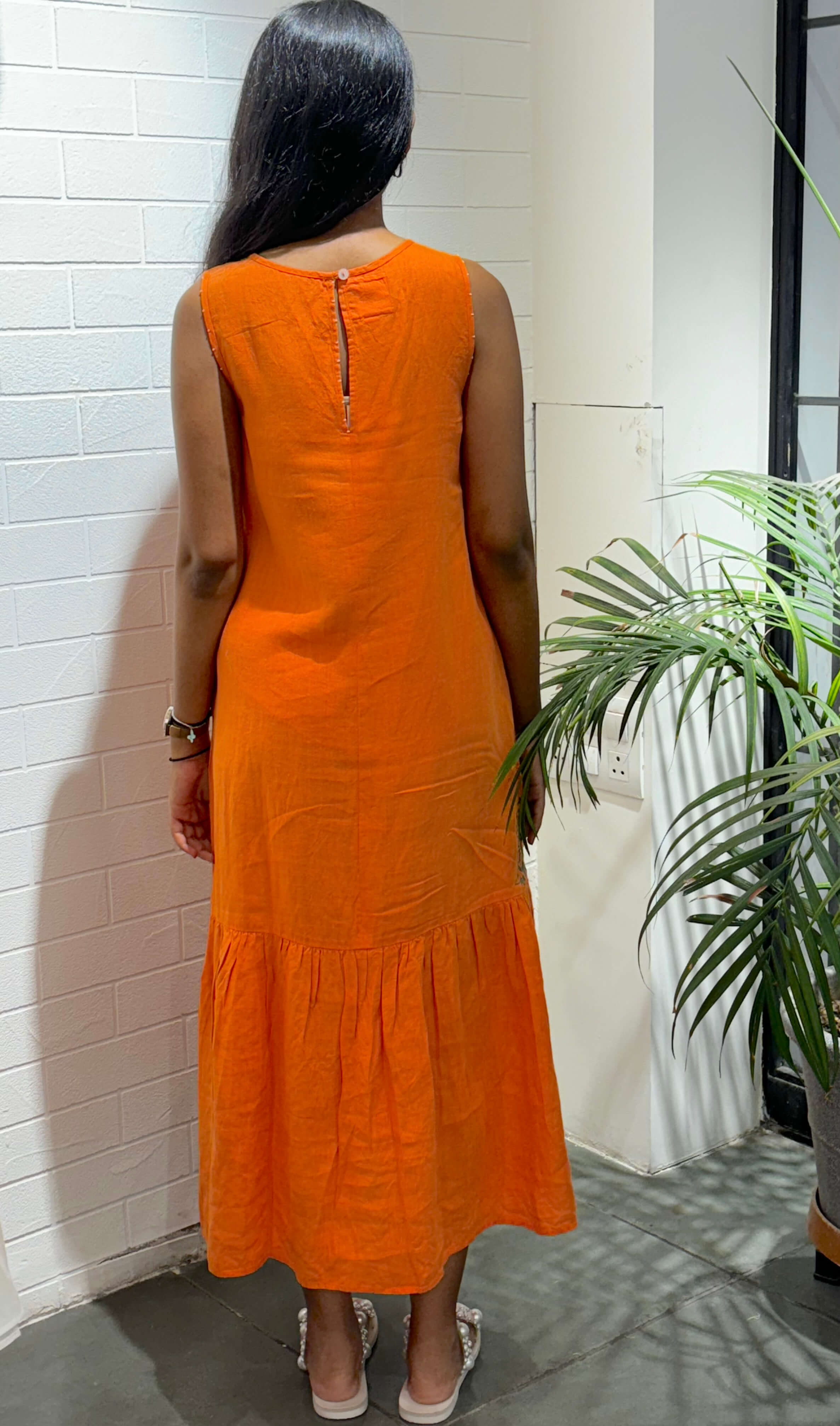 Linen Frida Sleeveless Long Dress - Orange