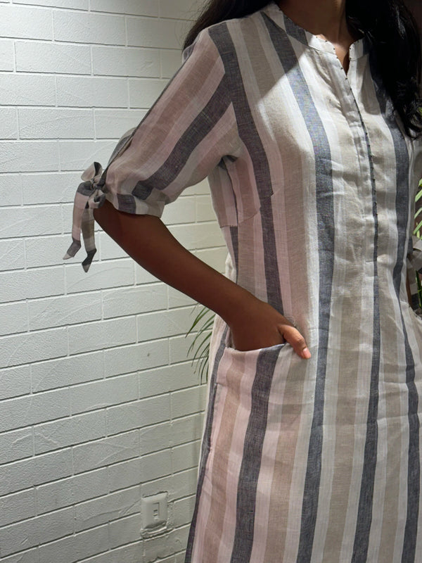 Linen Striped sleeve knot kurta - White and Grey