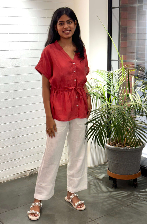 Heather Linen Drawstring Top - Rust