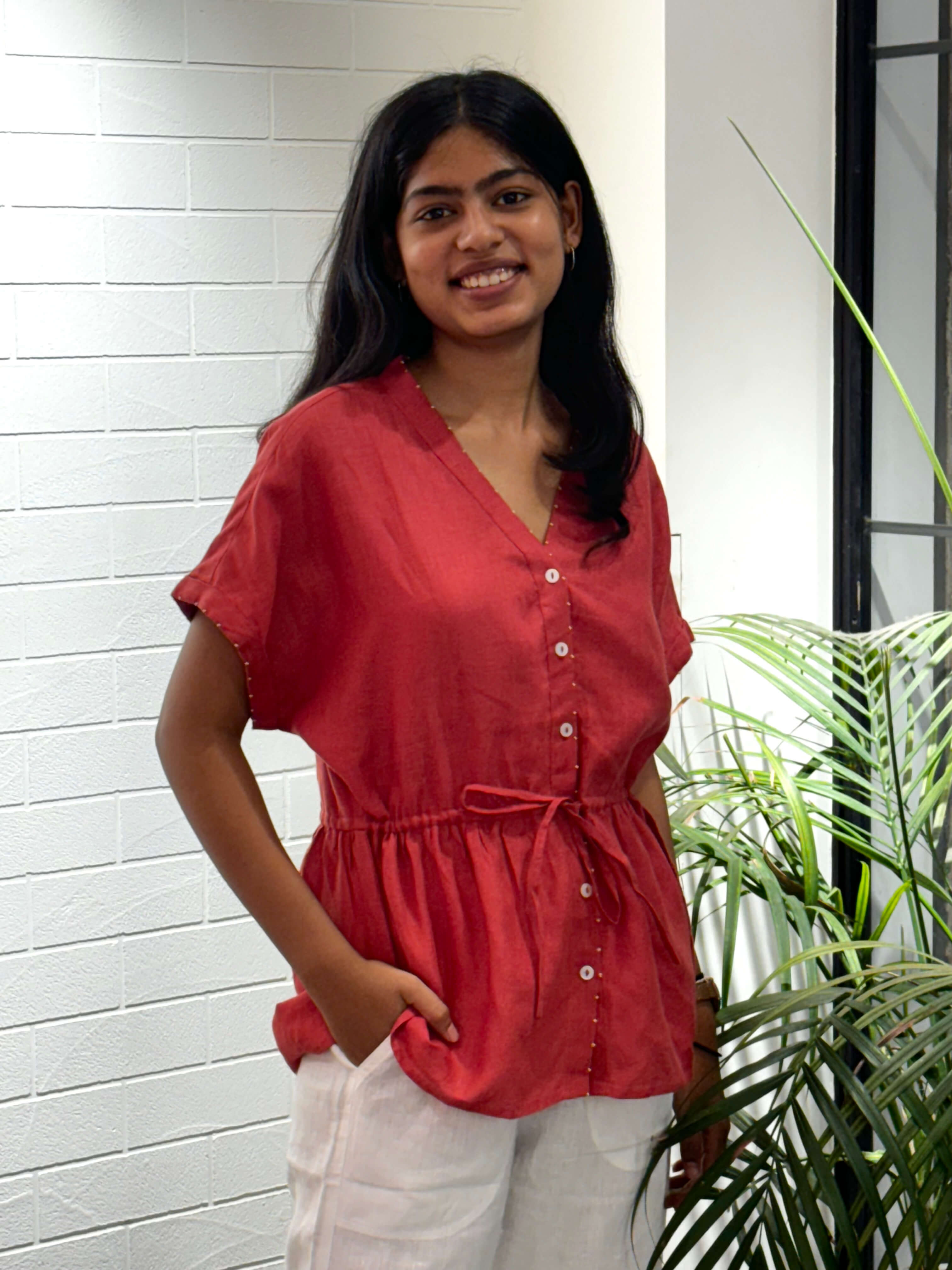 Heather Linen Drawstring Top - Rust