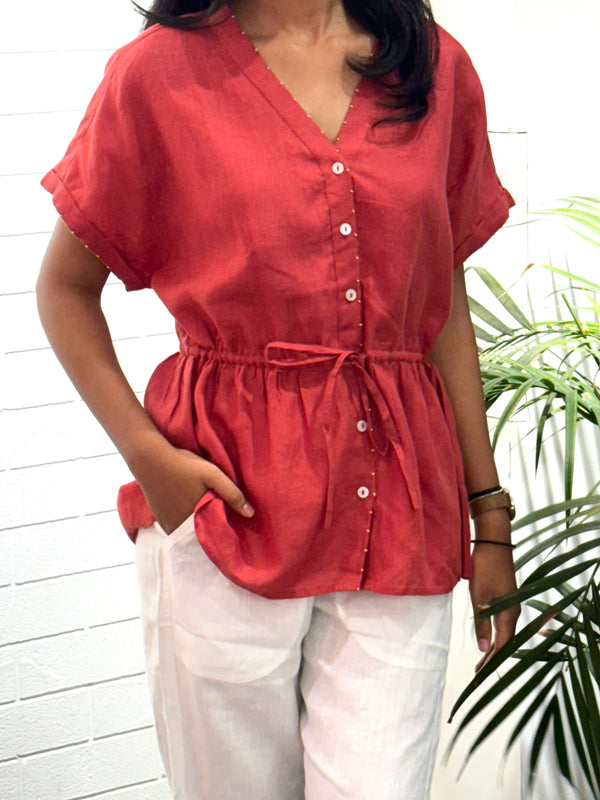 Heather Linen Drawstring Top - Rust