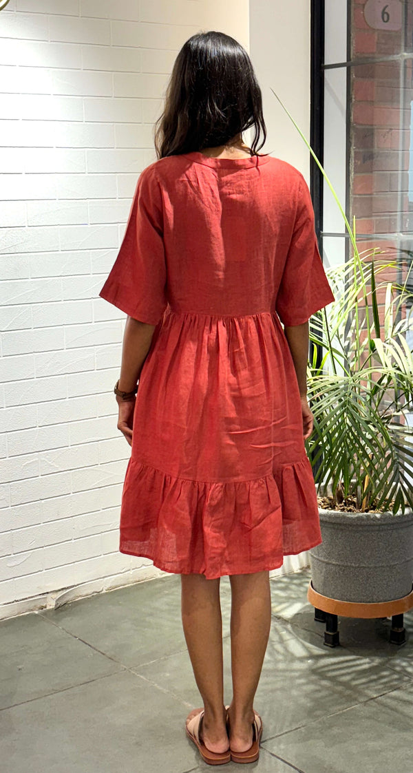 Linen Flamingo Dress - Carrot Red