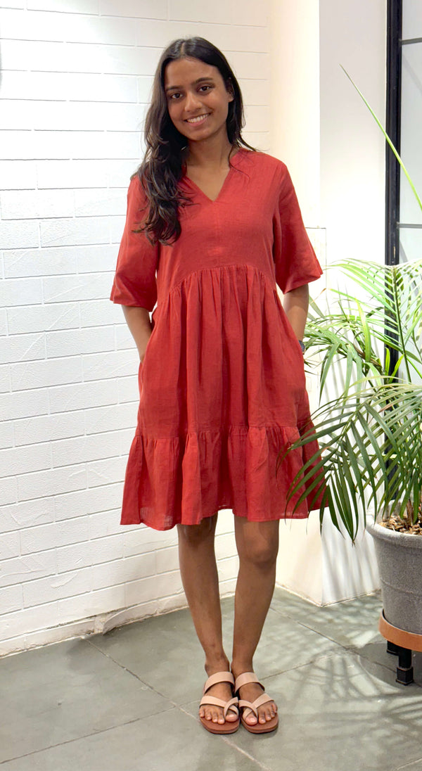 Linen Flamingo Dress - Carrot Red
