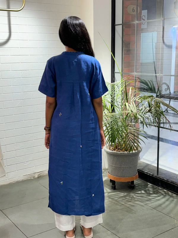 Linen Basic Kurta - Electric Blue