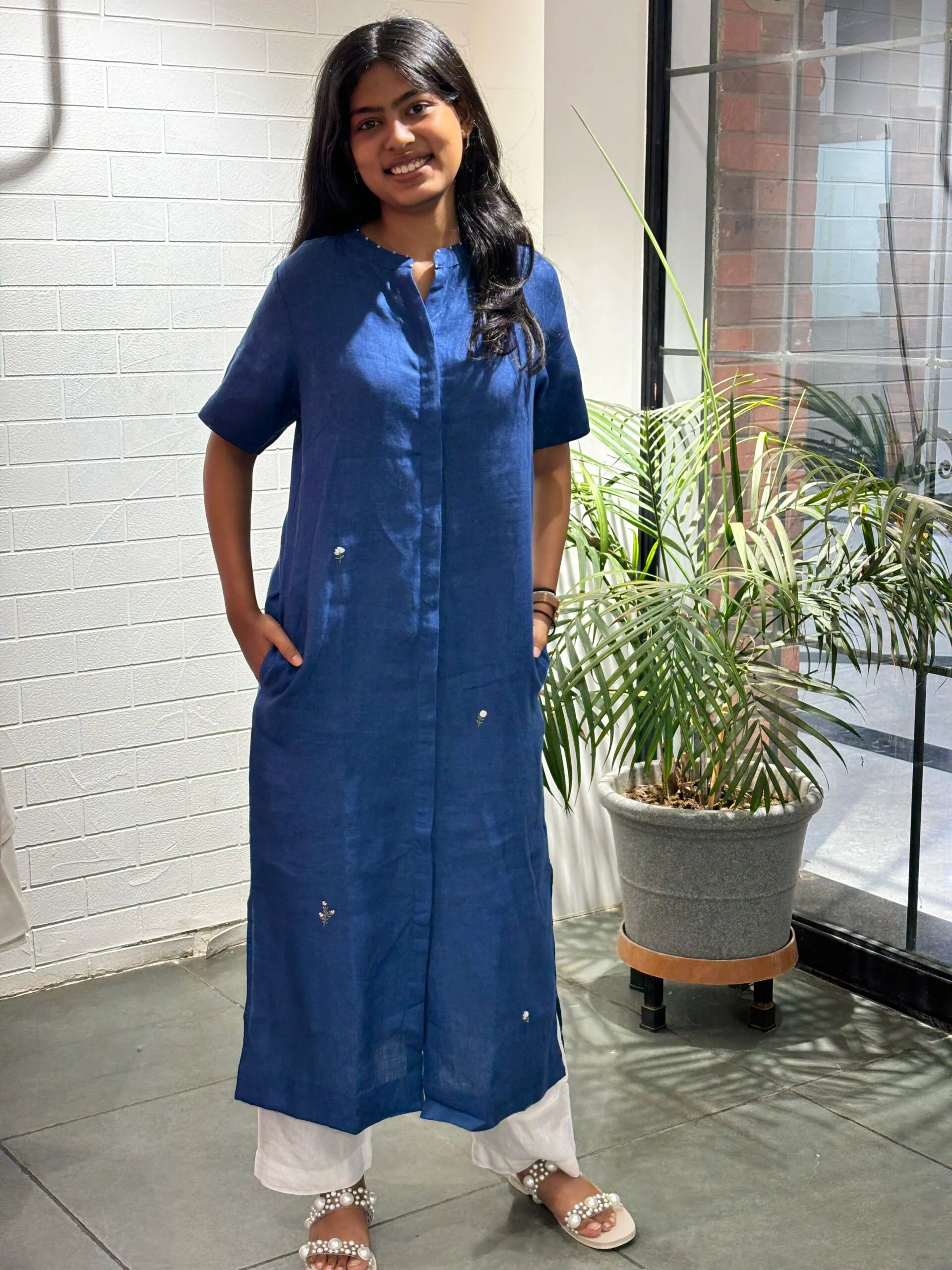 Linen Basic Kurta - Electric Blue