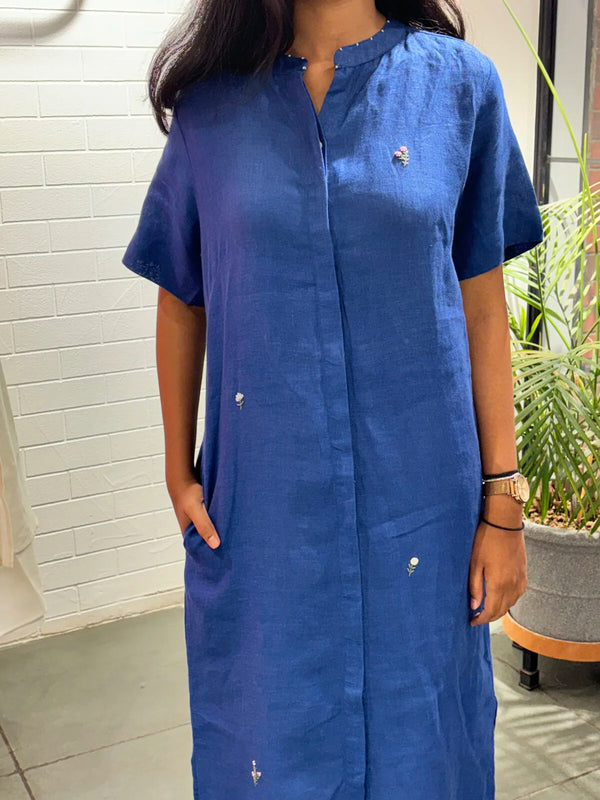 Linen Basic Kurta - Electric Blue