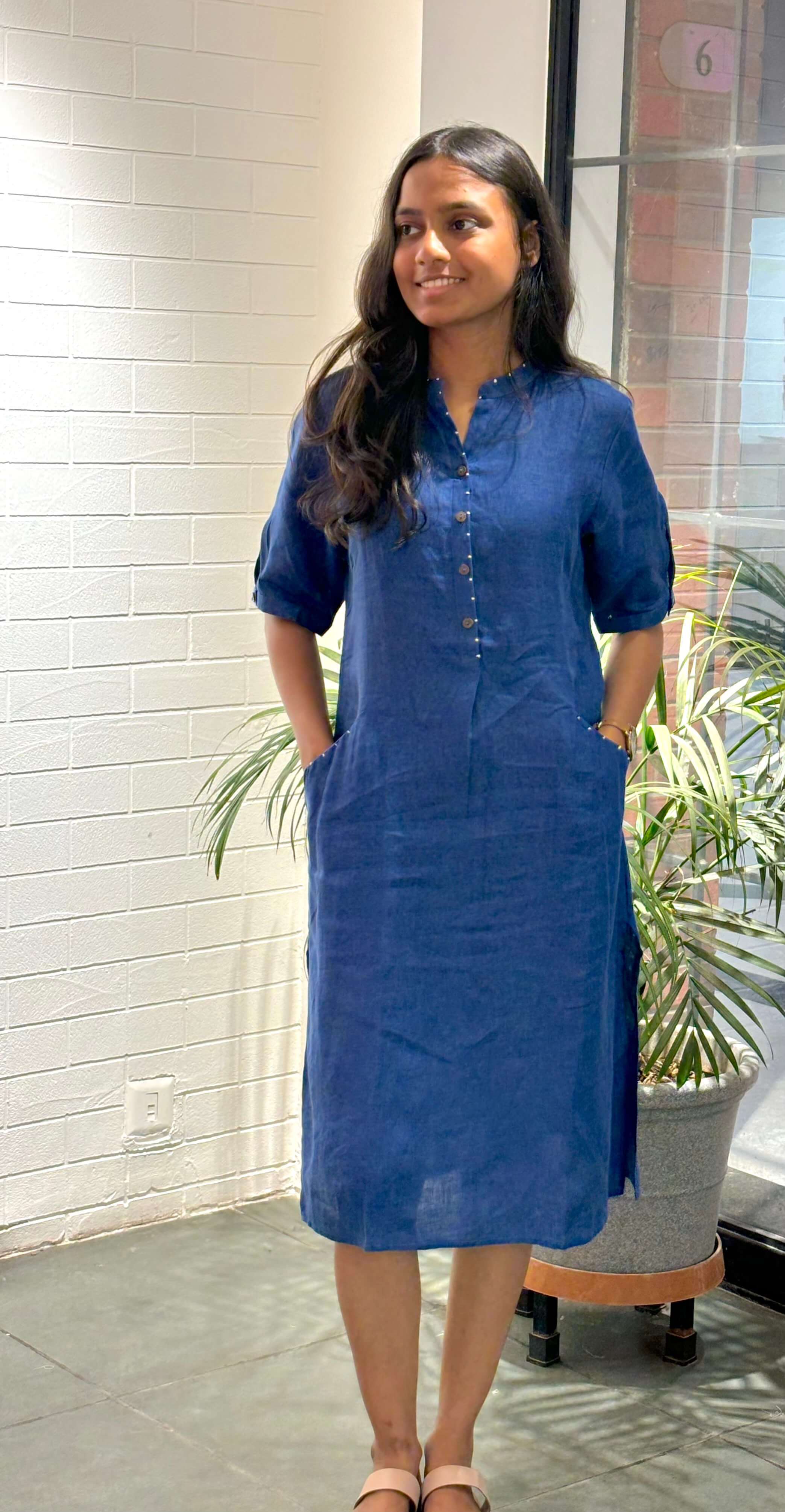 Linen Electric Blue Shift Dress- Blue