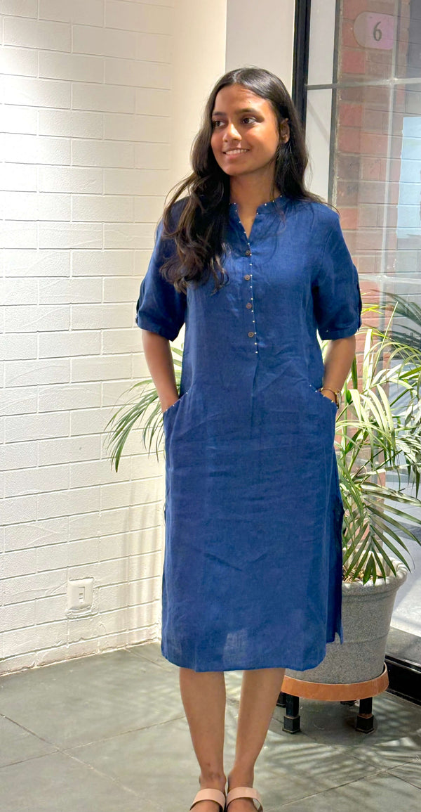 Linen Electric Blue Shift Dress- Blue