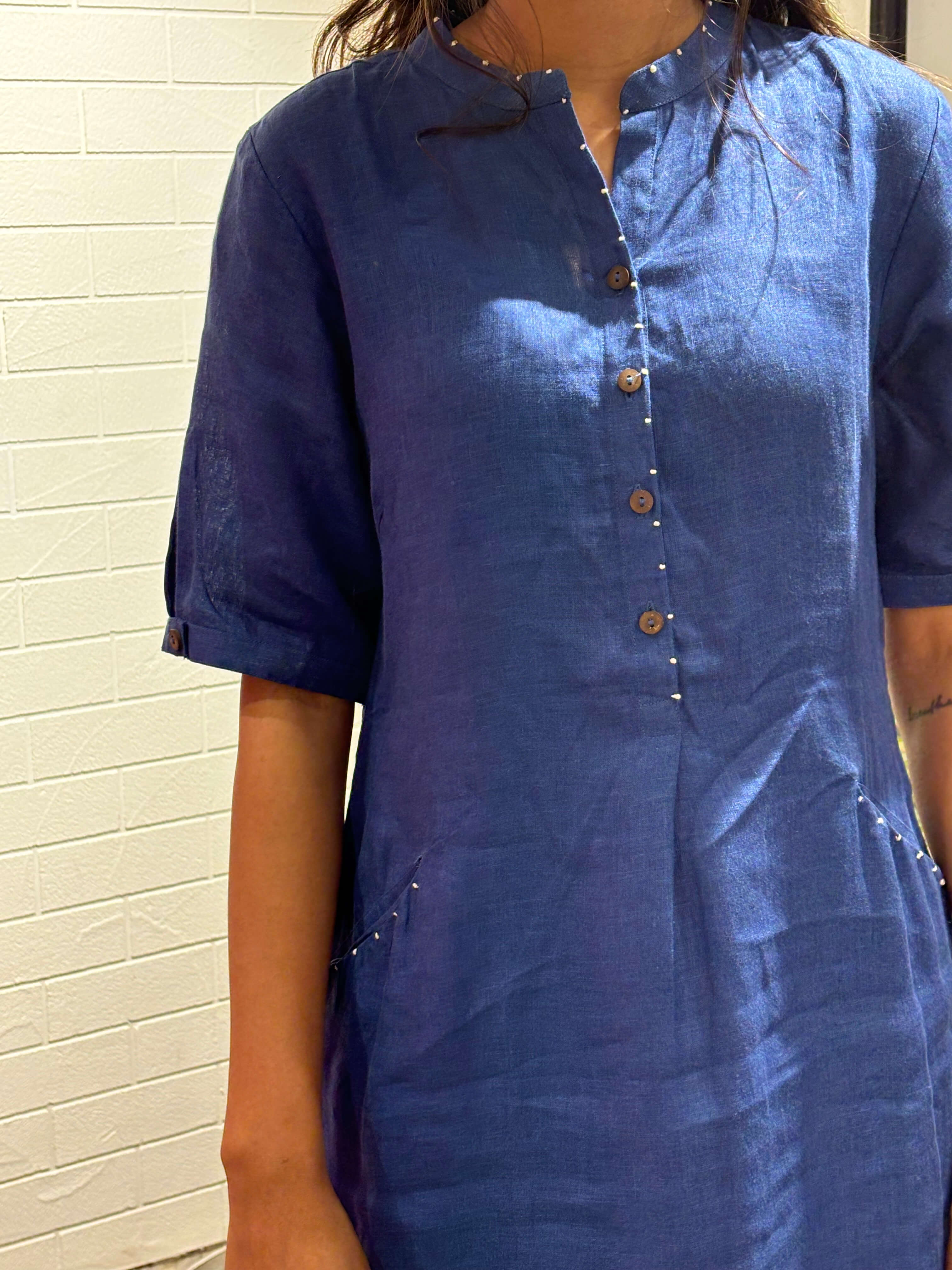 Linen Electric Blue Shift Dress- Blue