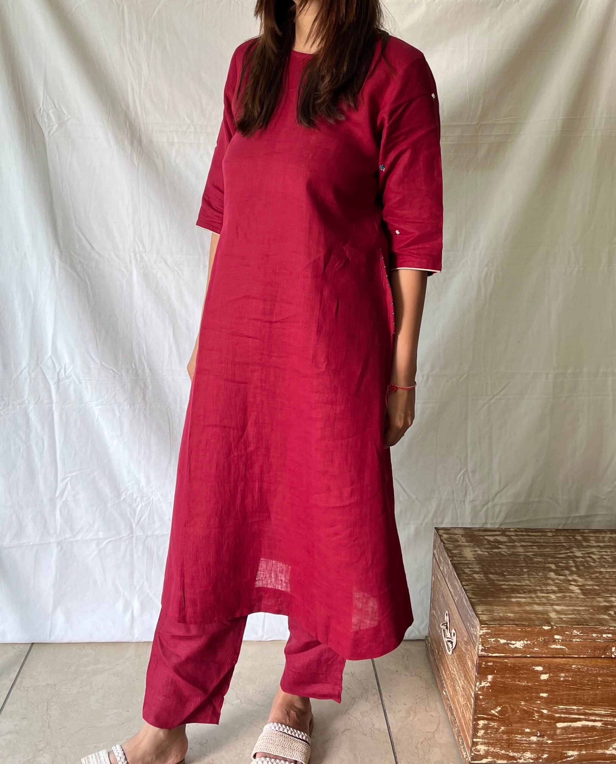 Doris Linen Kurta With Pockets - Red