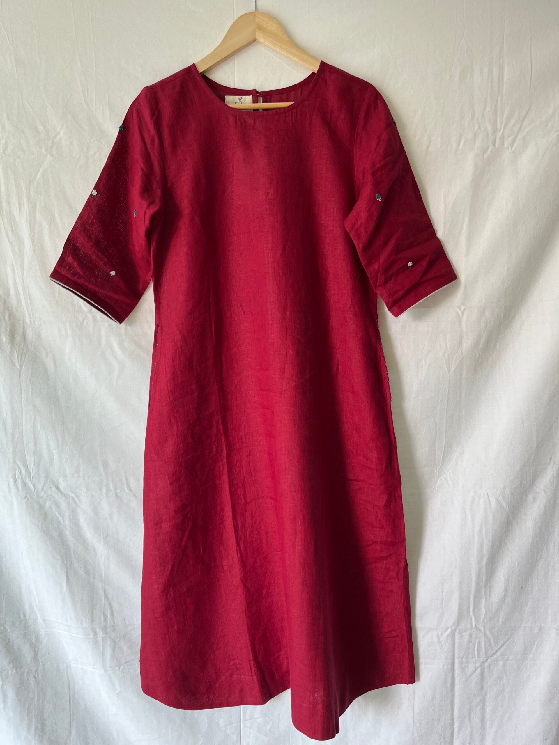 Doris Linen Kurta With Pockets - Red