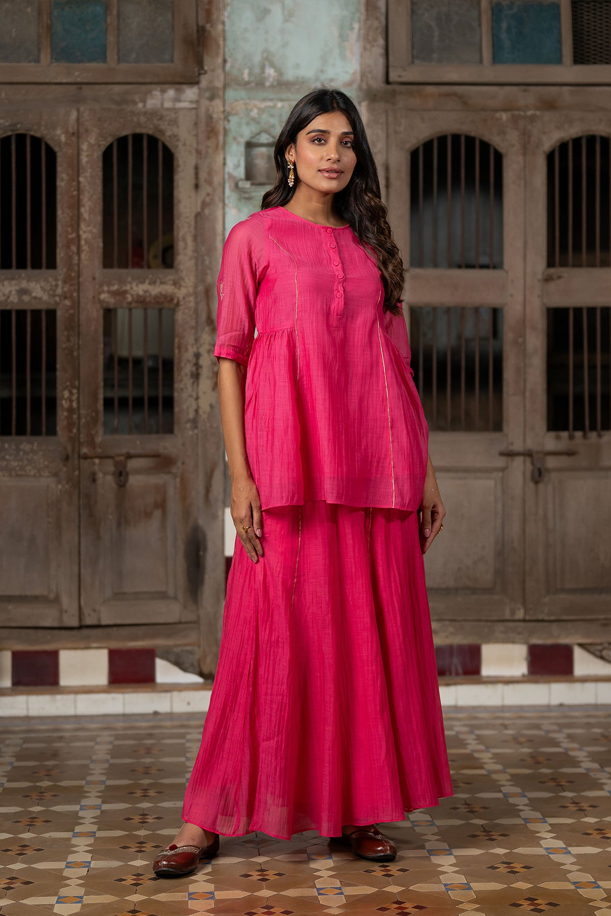 Ira Chanderi silk Side gather top with sharara - Pink