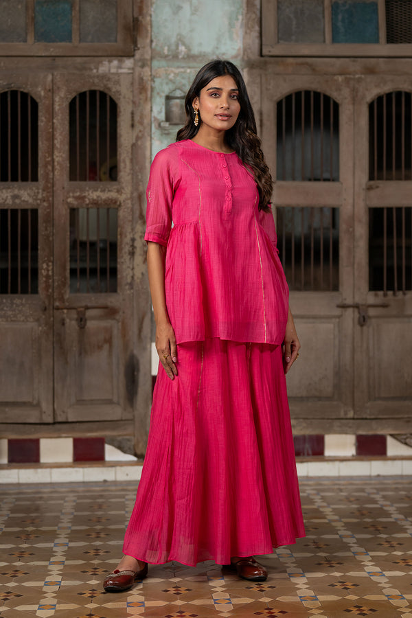 Ira Chanderi silk Side gather top with sharara - Pink