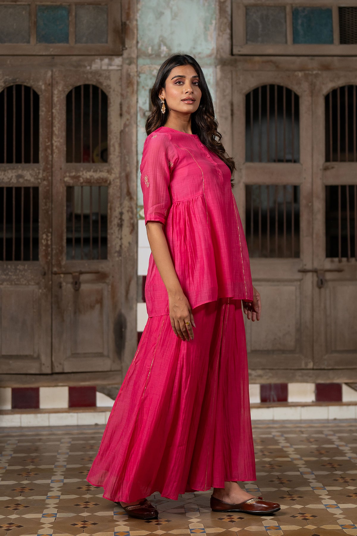 Ira Chanderi silk Side gather top with sharara - Pink