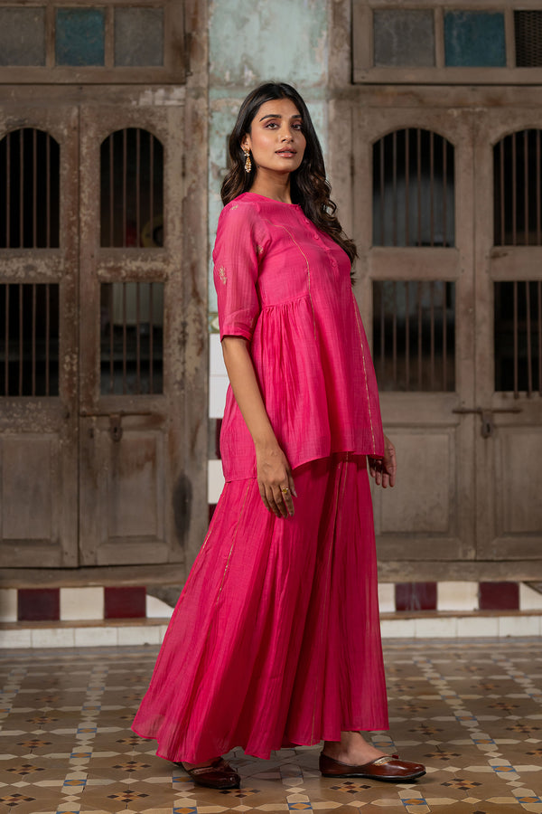 Ira Chanderi silk Side gather top with sharara - Pink