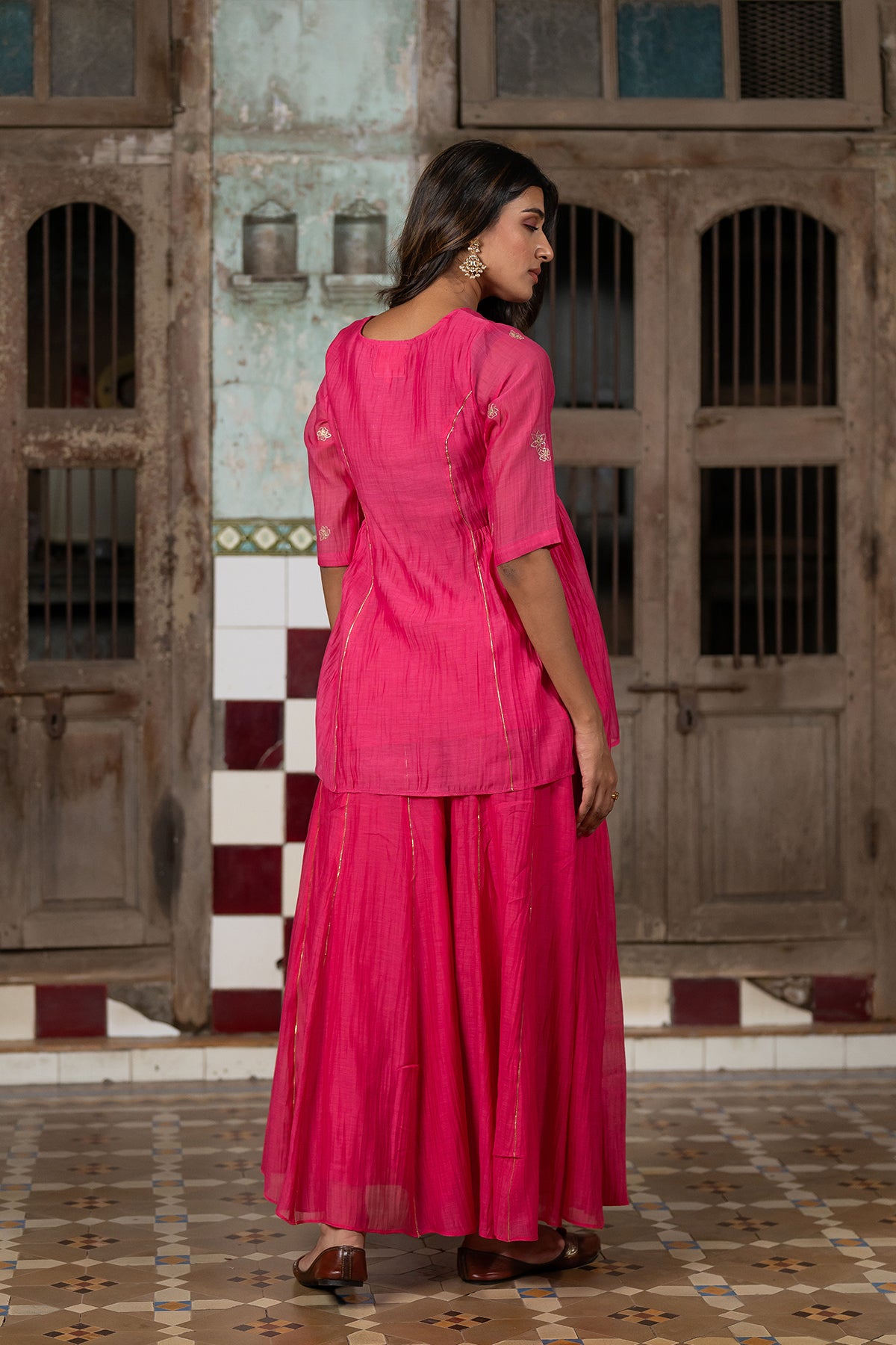 Ira Chanderi silk Side gather top with sharara - Pink