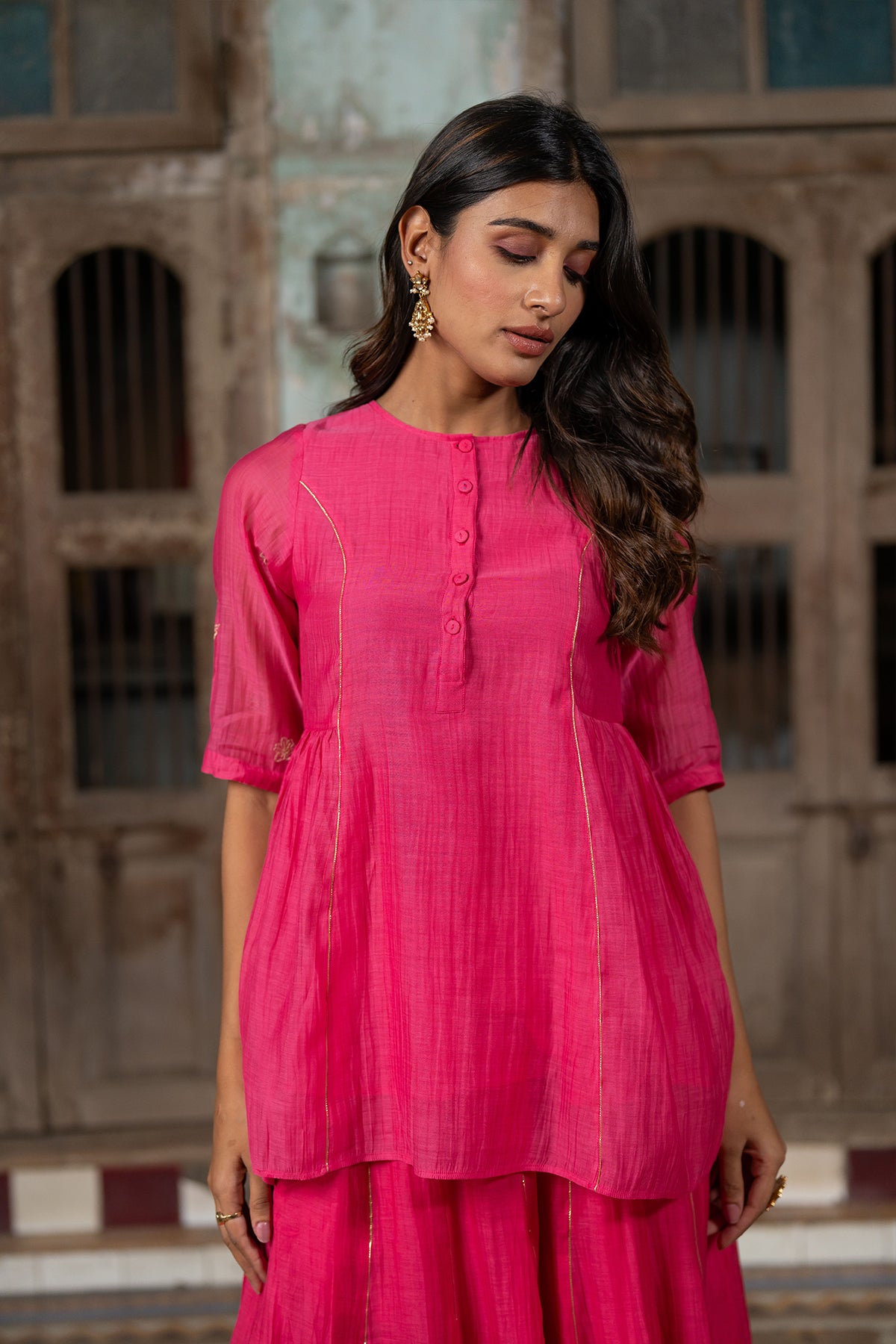Ira Chanderi silk Side gather top with sharara - Pink