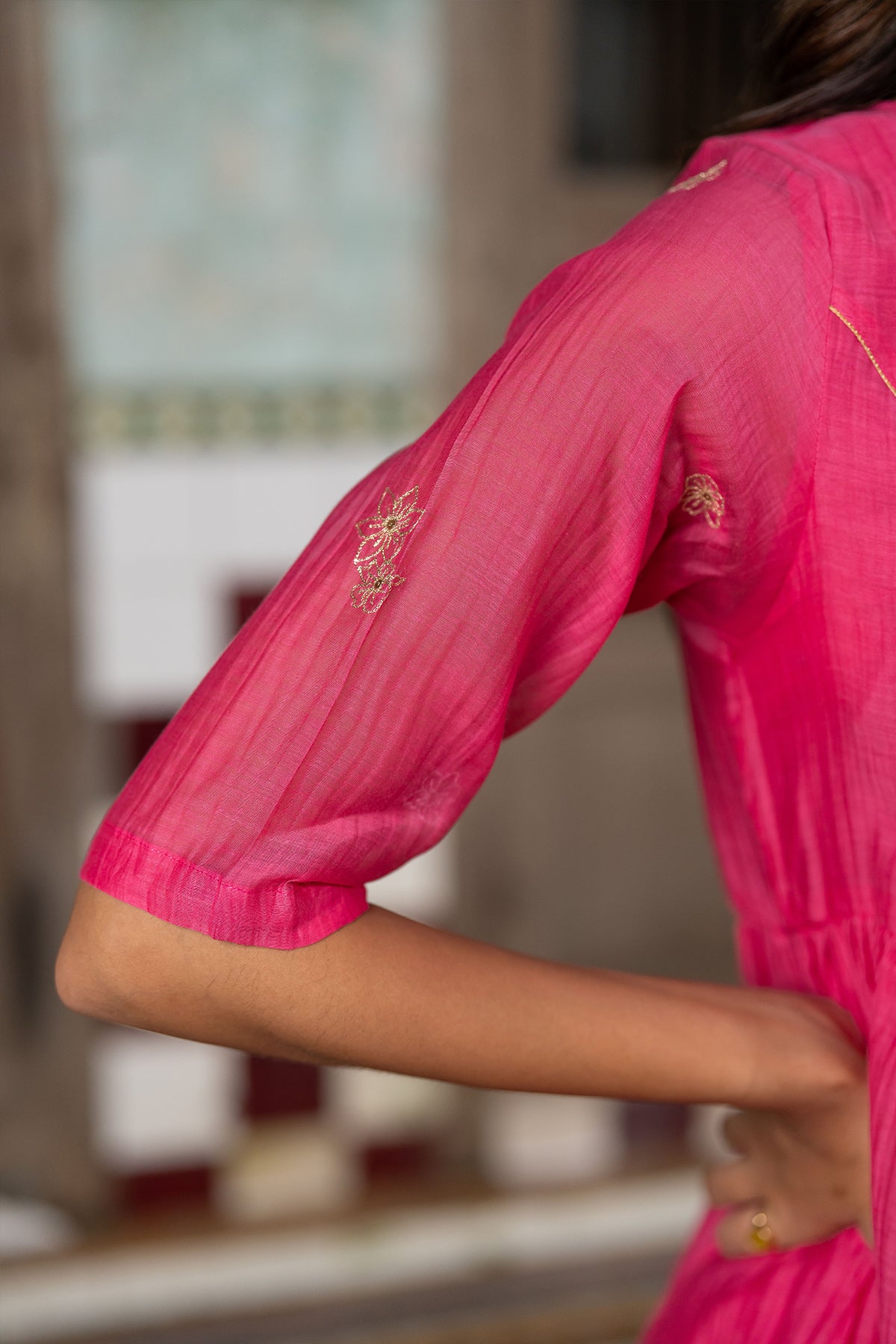 Ira Chanderi silk Side gather top with sharara - Pink