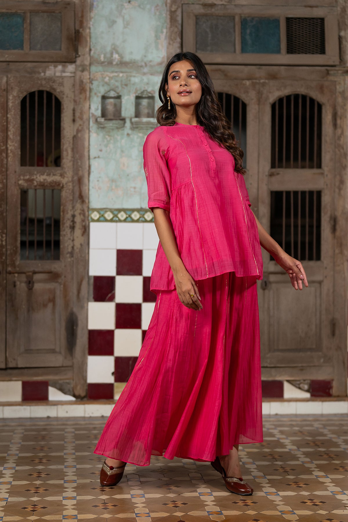 Ira Chanderi silk Side gather top with sharara - Pink