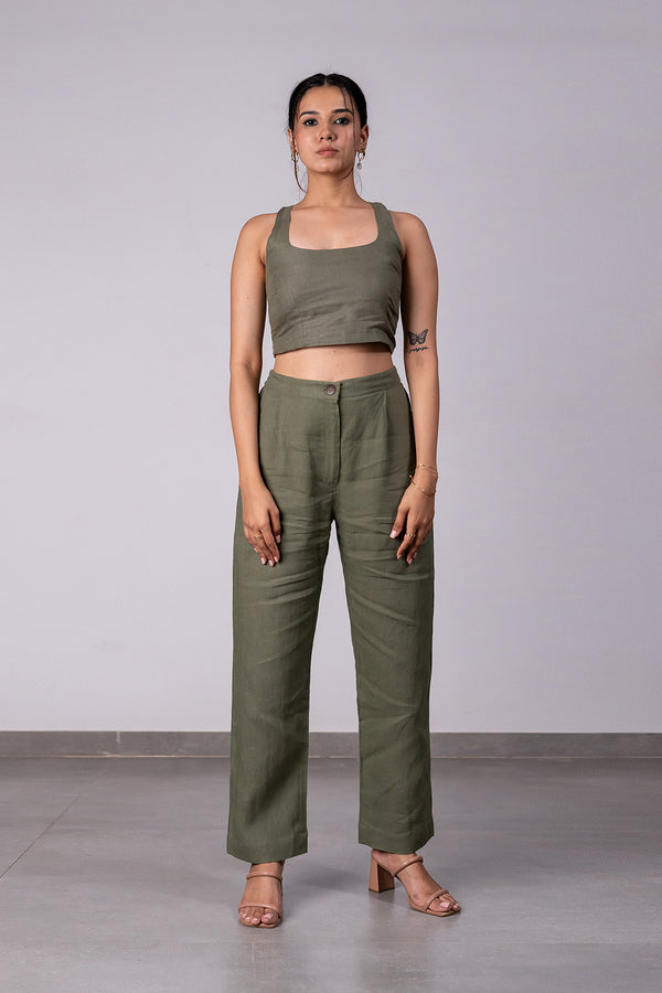 Ivan Linen Zipper Pants – Olive Green