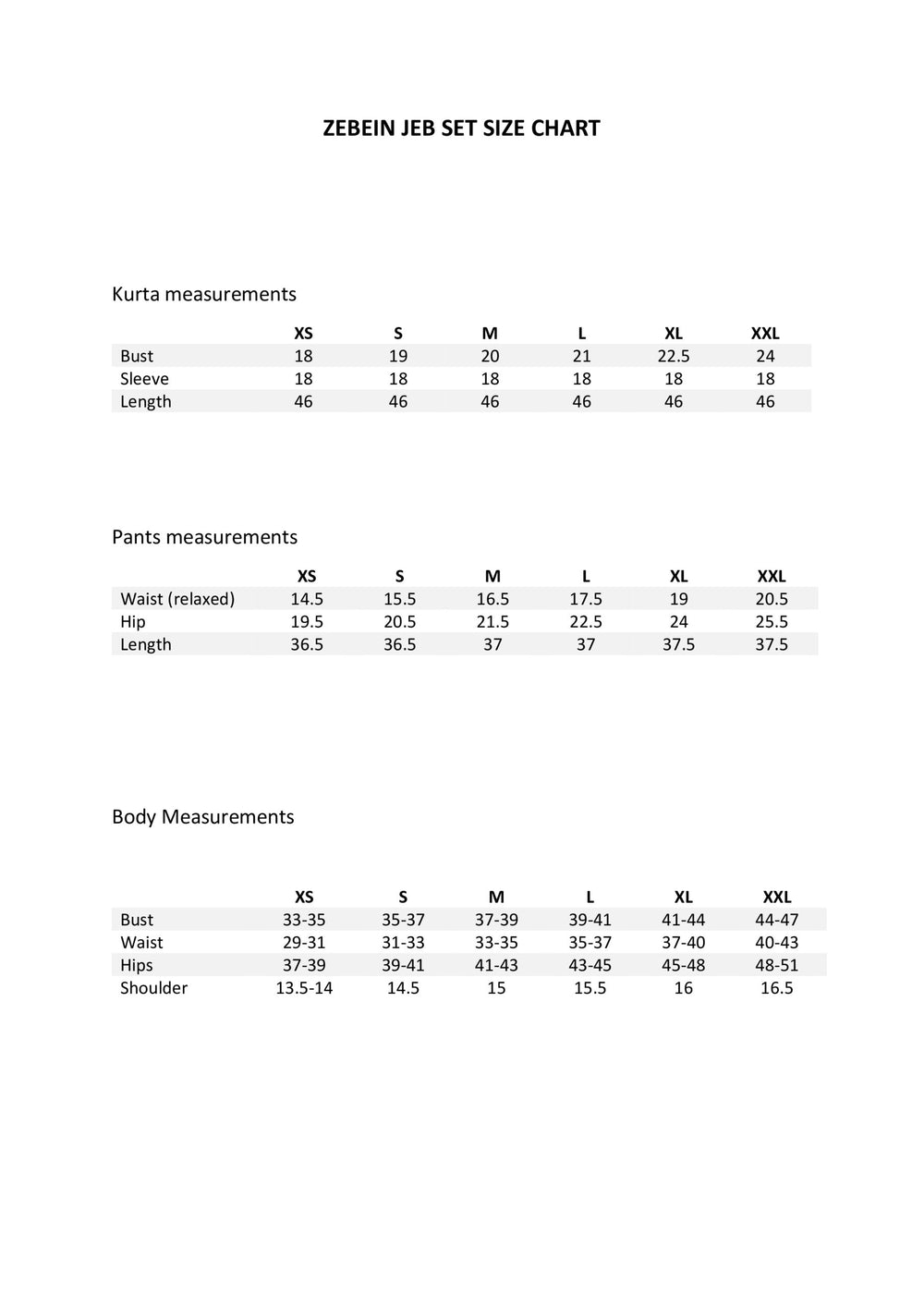 Size Chart 1