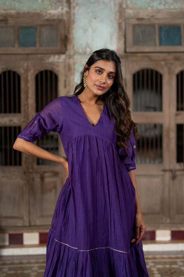 Jamuni Chanderi Silk Empire Gather Dress - Purple