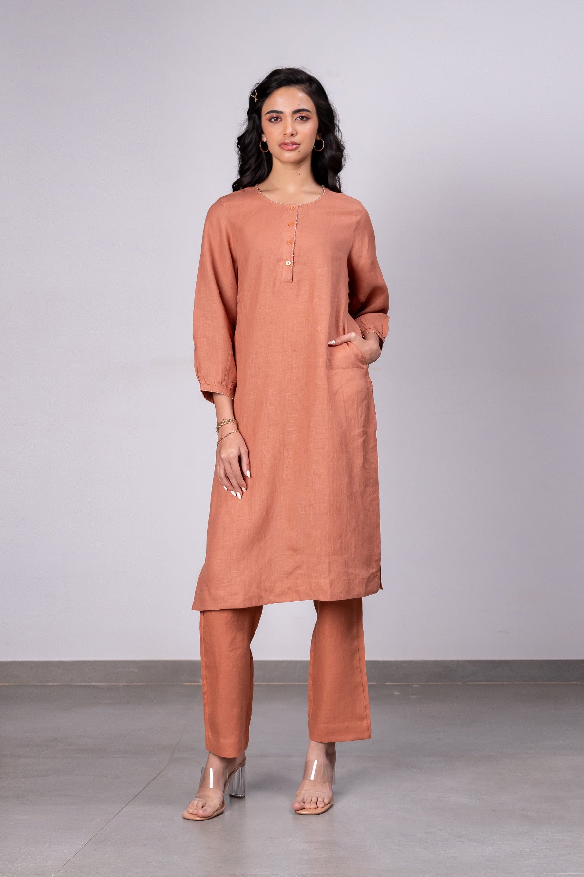 Janice Linen Half Placket Kurta- Pants Set With Pockets – Sand Brown