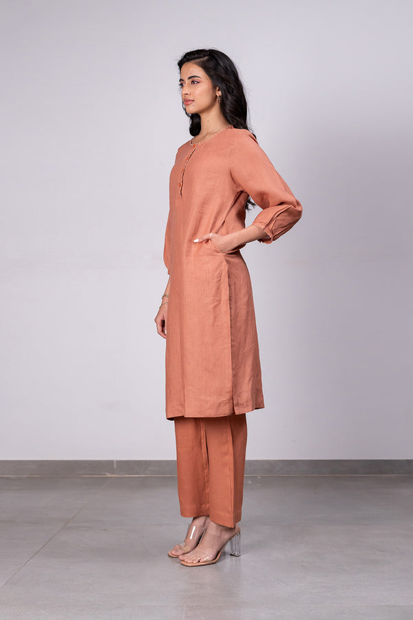 Janice Linen Half Placket Kurta- Pants Set With Pockets – Sand Brown