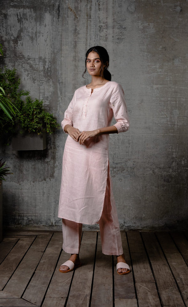 Janice Linen Half Placket kurta -  Light Pink
