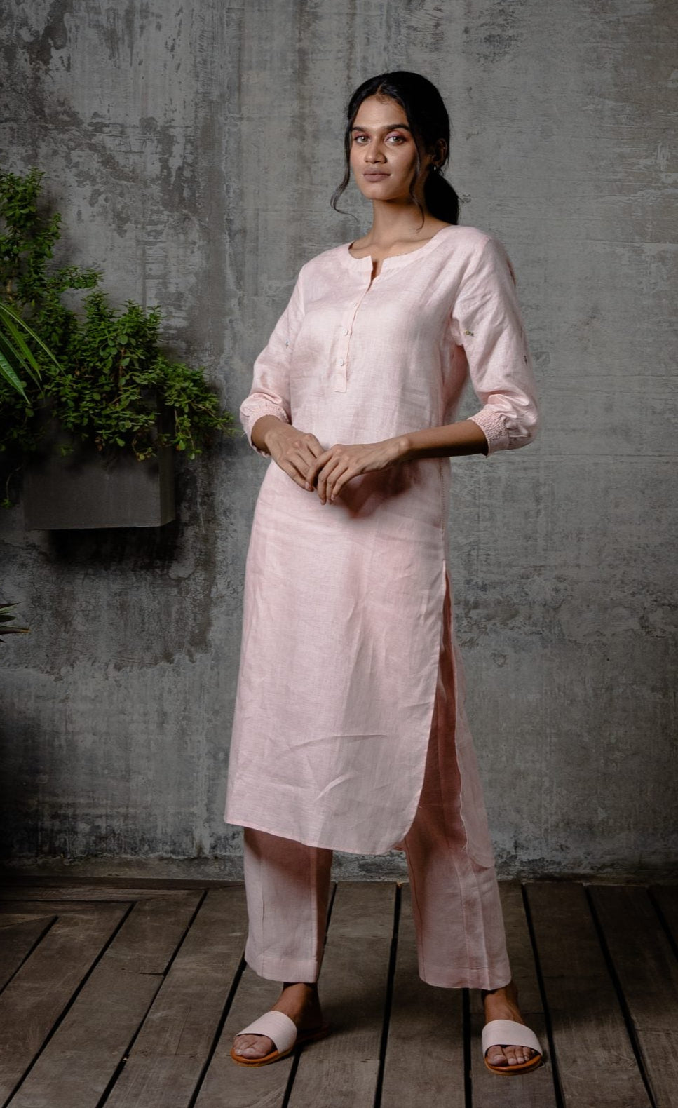 Janice Linen Half Placket kurta -  Light Pink