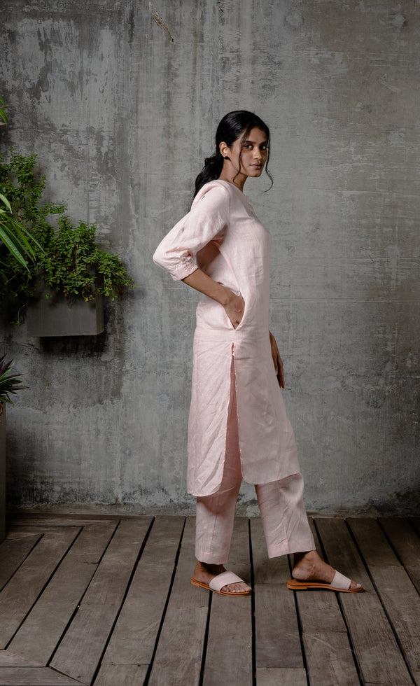 Janice Linen Half Placket kurta -  Light Pink