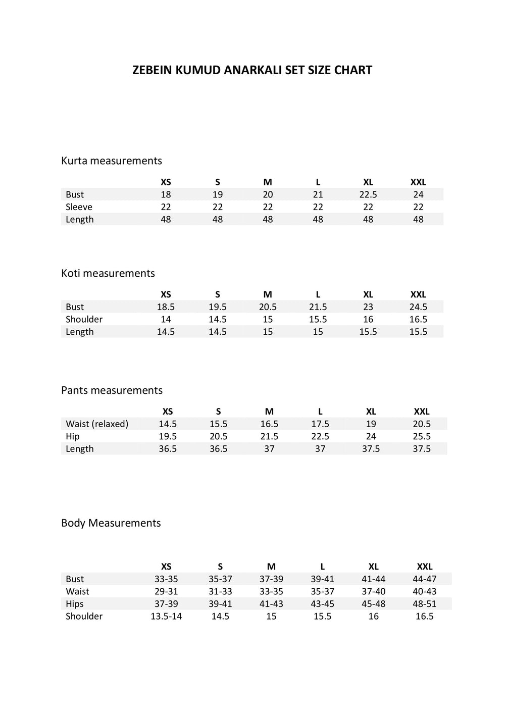 Size Chart 1