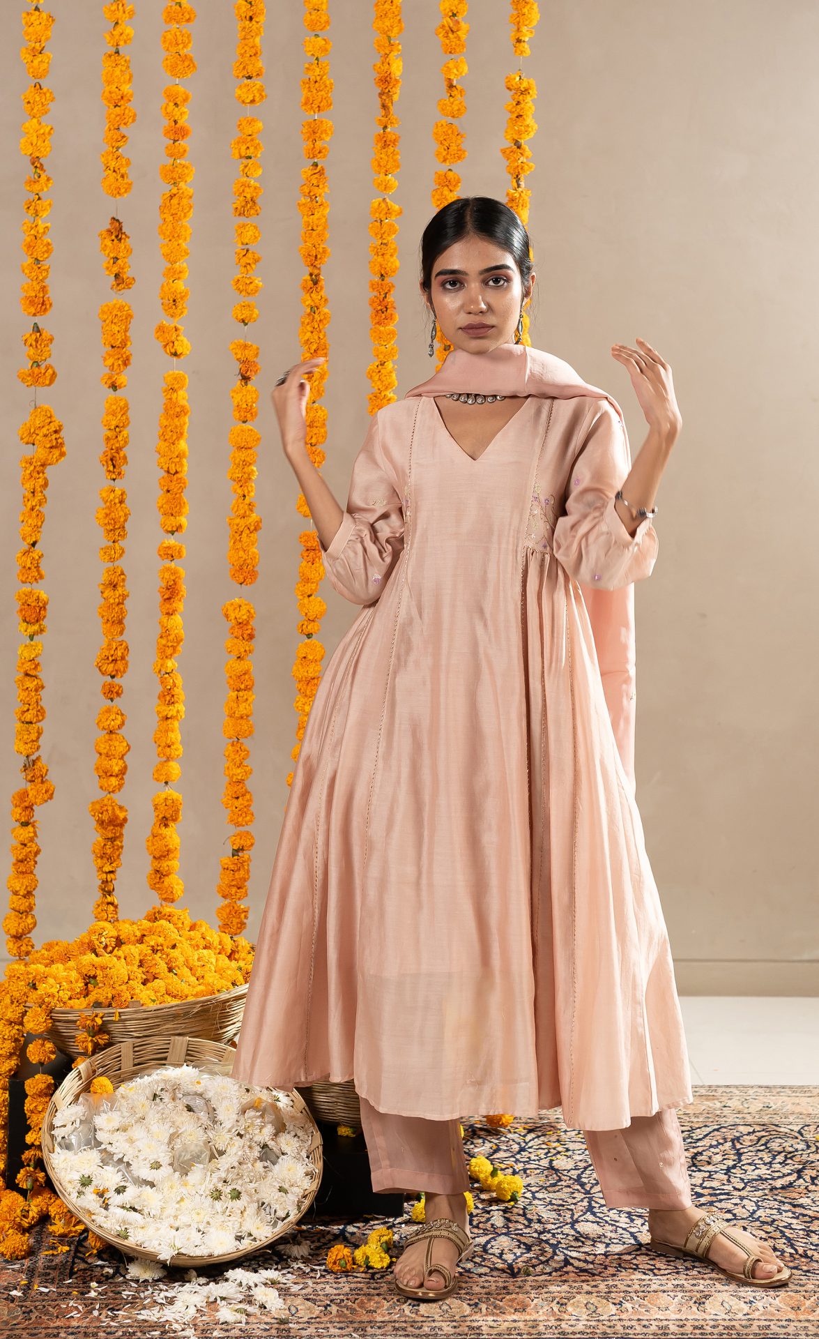 Kajri Side Kali Kurta With Pants - Biscuit Beige