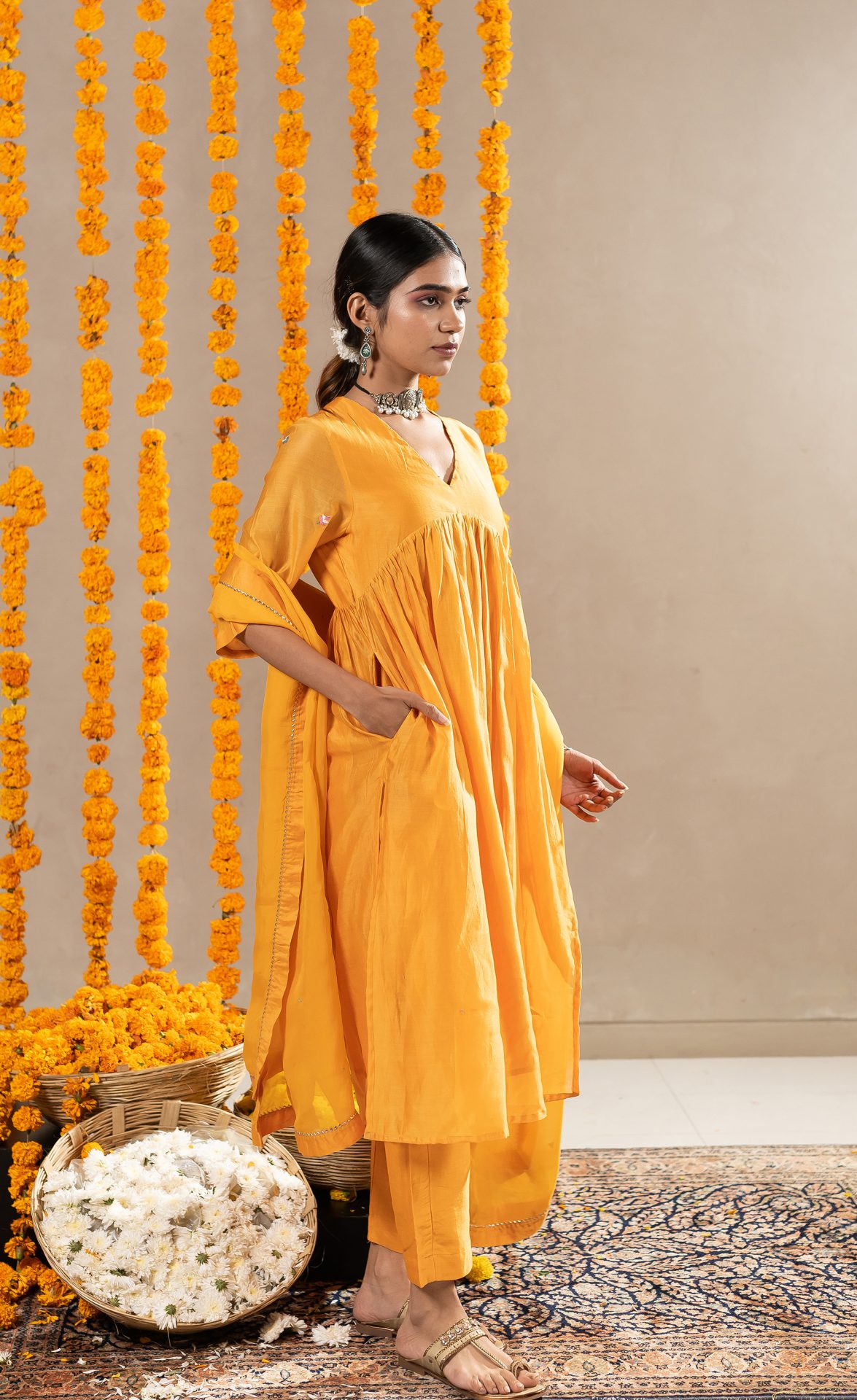 Kaner Chanderi Kurta With Pants - Mustard Orange