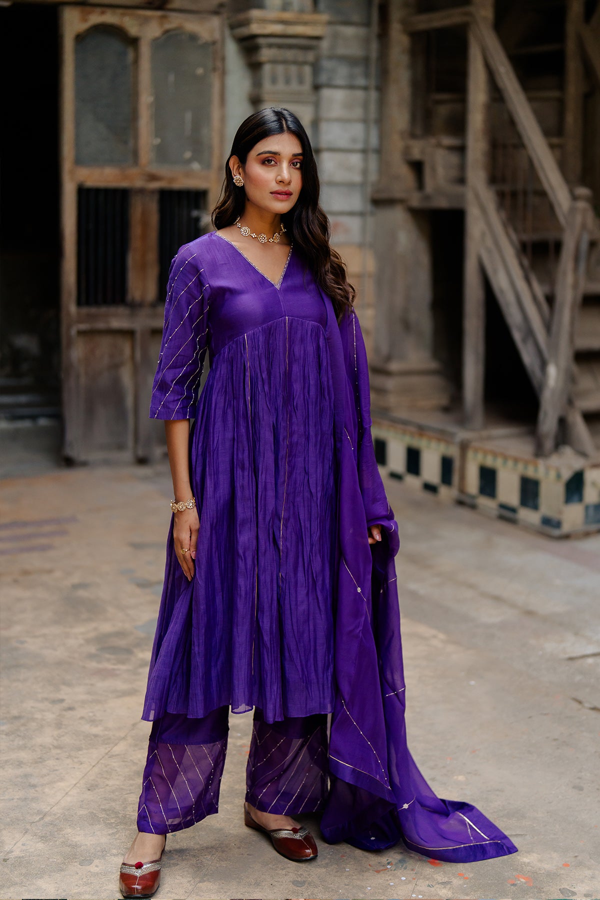 Khadi Moti Chanderi Silk Empire Gather Flair Kurta with Pants - Purple