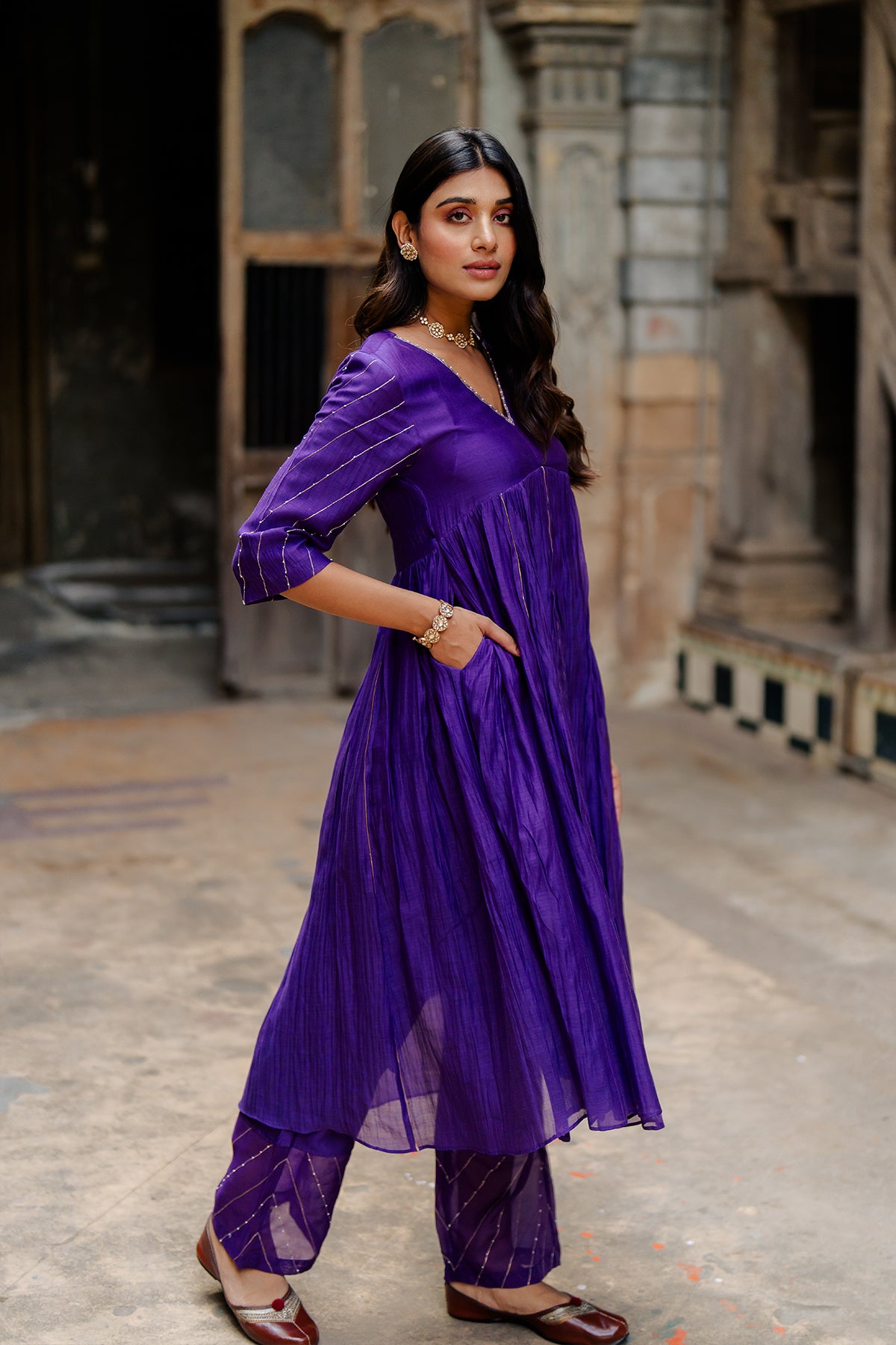 Khadi Moti Chanderi Silk Empire Gather Flair Kurta with Pants - Purple
