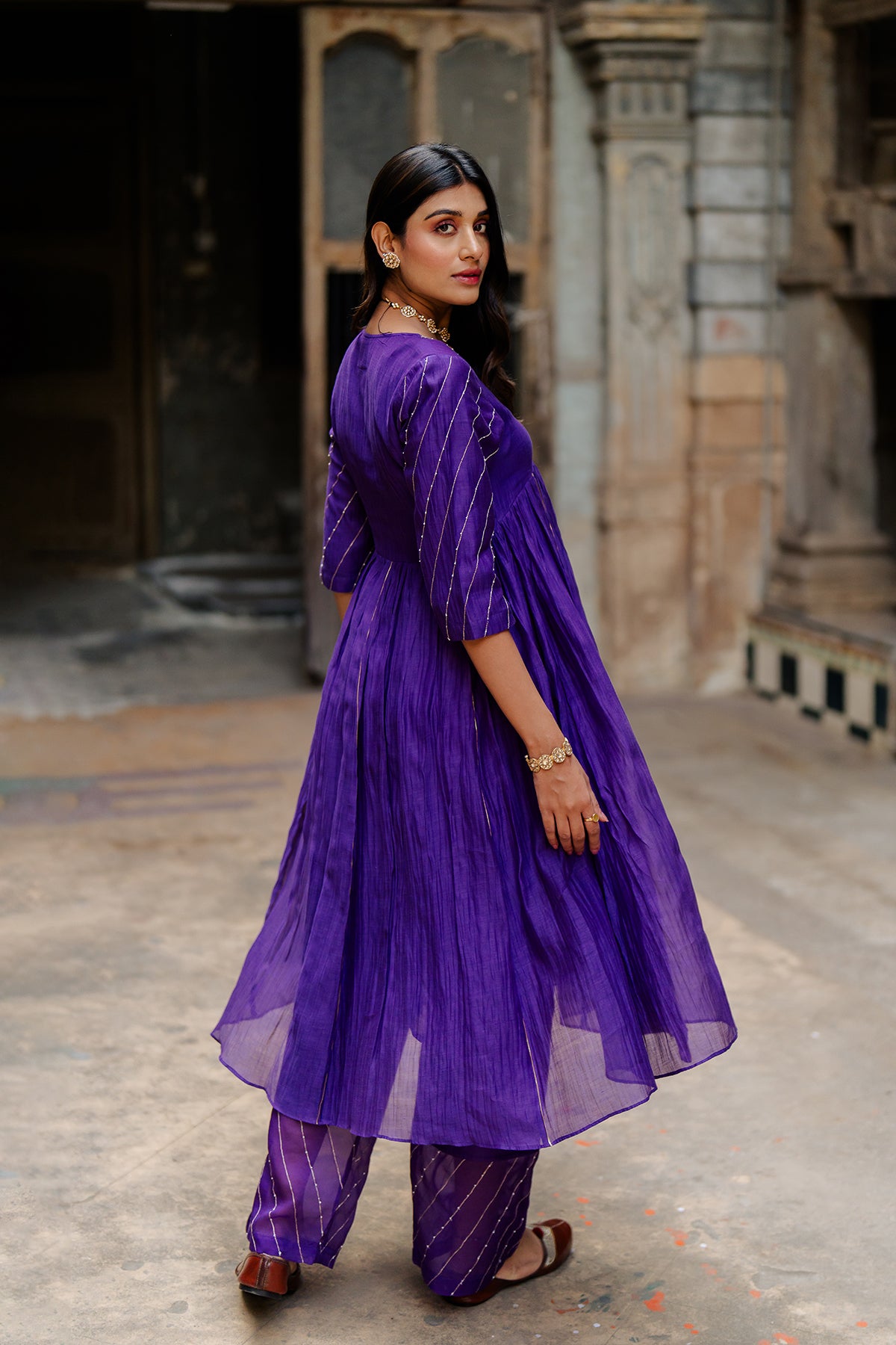 Khadi Moti Chanderi Silk Empire Gather Flair Kurta with Pants - Purple