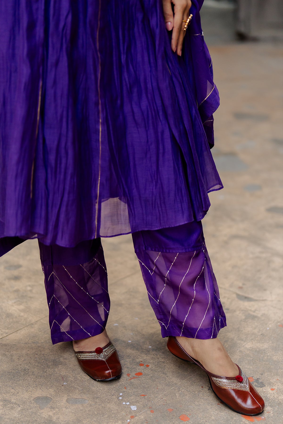 Khadi Moti Chanderi Silk Empire Gather Flair Kurta with Pants - Purple