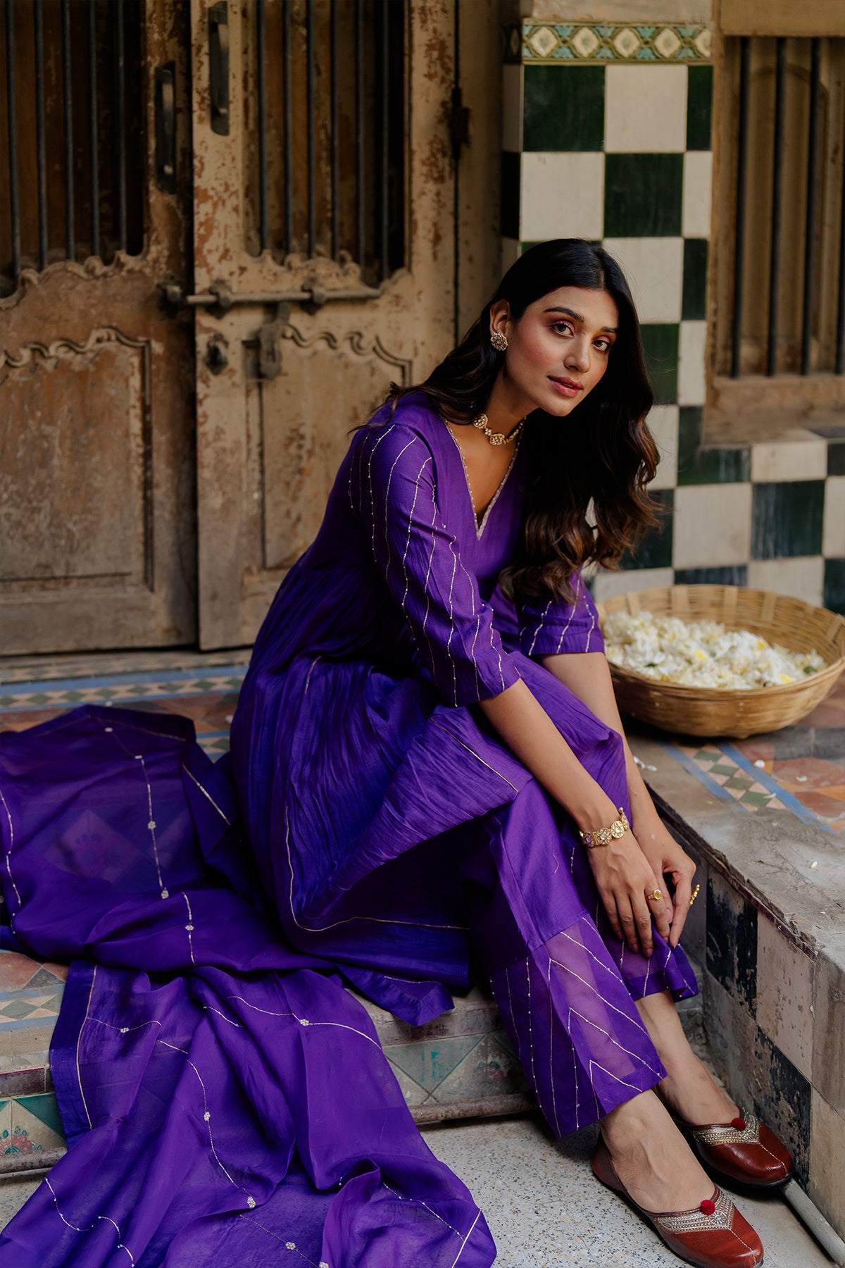 Khadi Moti Chanderi Silk Empire Gather Flair Kurta with Pants - Purple