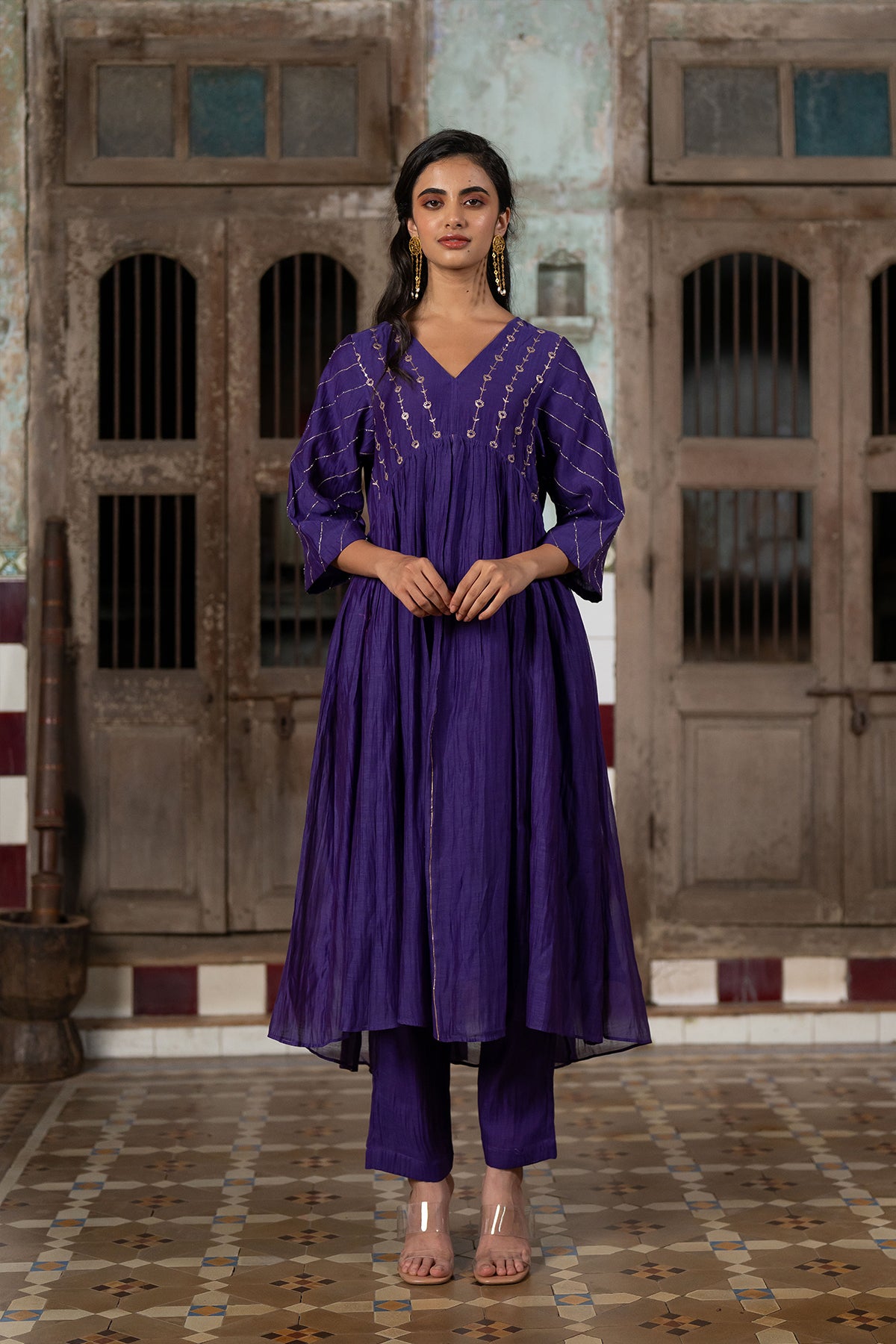 Kiara Chanderi Silk Empire Gather Flare Kurta with Pants - Purple