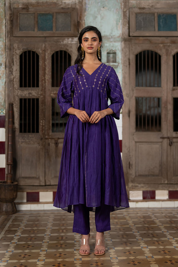 Kiara Chanderi Silk Empire Gather Flare Kurta with Pants - Purple