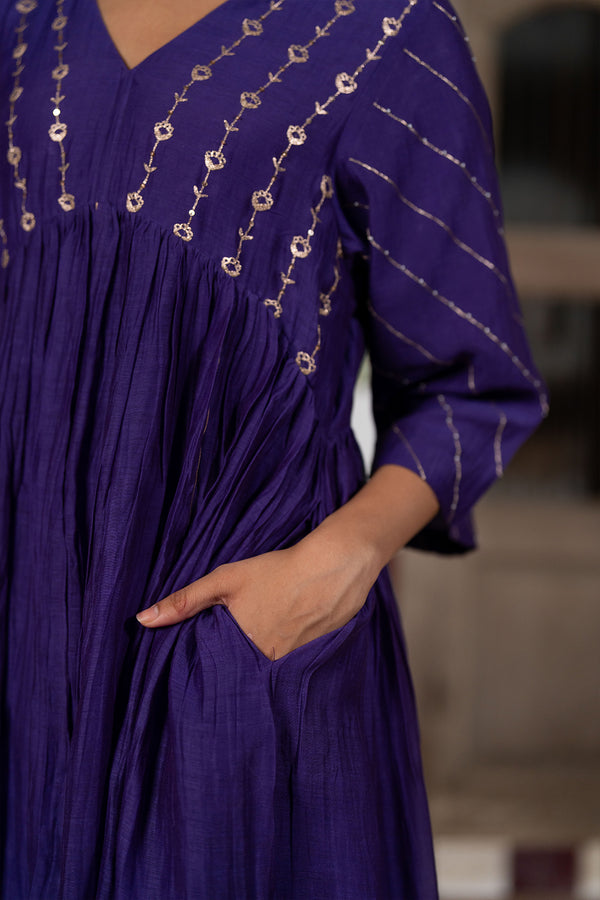 Kiara Chanderi Silk Empire Gather Flare Kurta with Pants - Purple