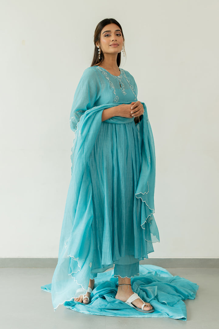 Kumud-Chanderi-Kali-Kurta-and-Pant-Set-Caribbean-Blue-