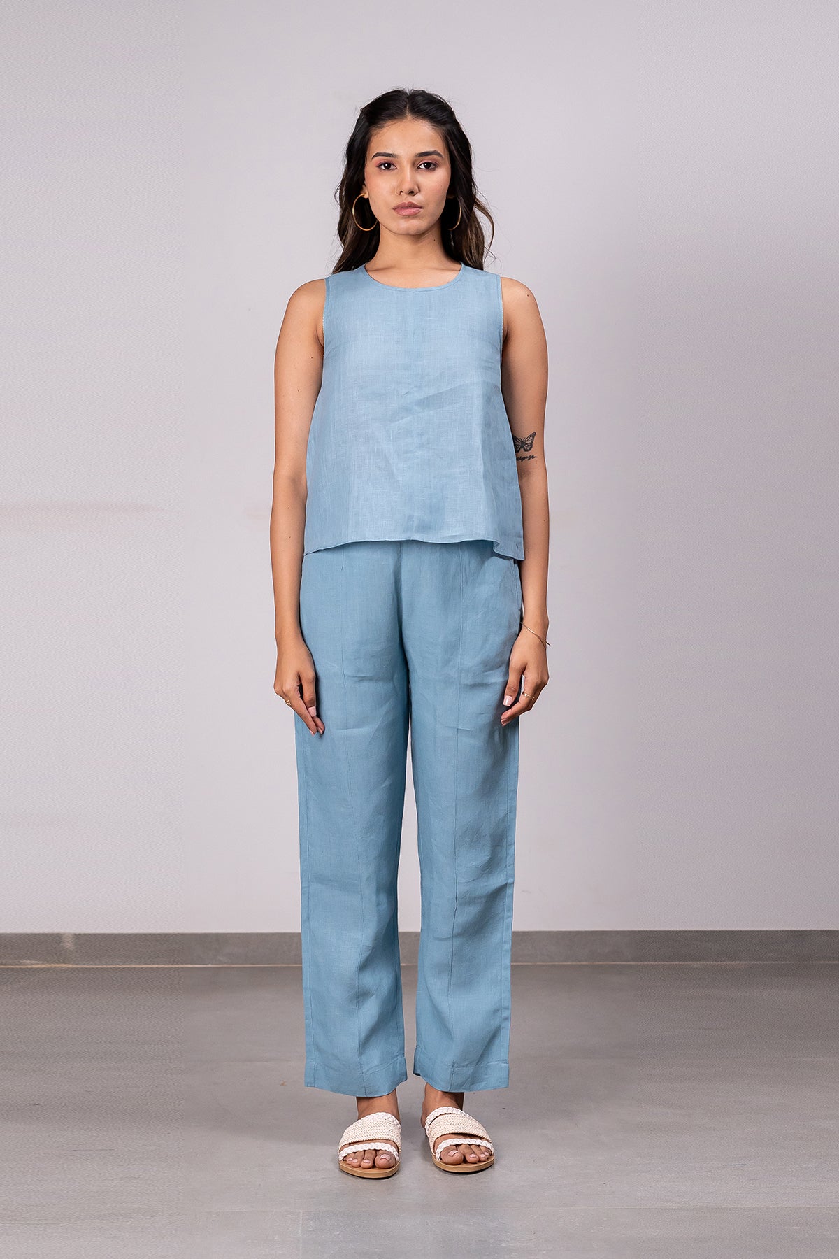 Kylie Linen Top- Icy Blue
